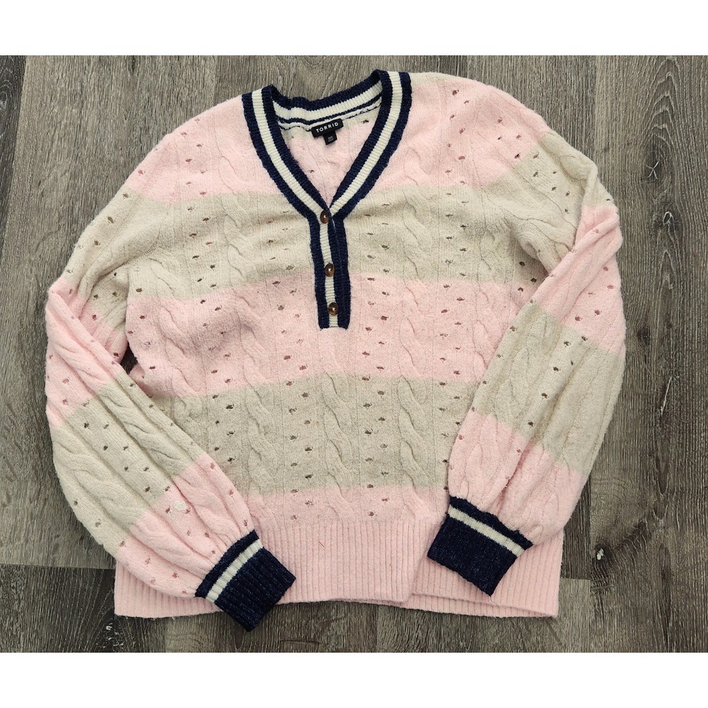 Torrid Pink Cream Striped Cable Knit Pointelle Henley Sweater Plus Size 00 M/L